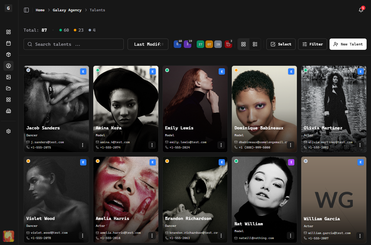 The Talent Library showing talent cards in a grid layout
