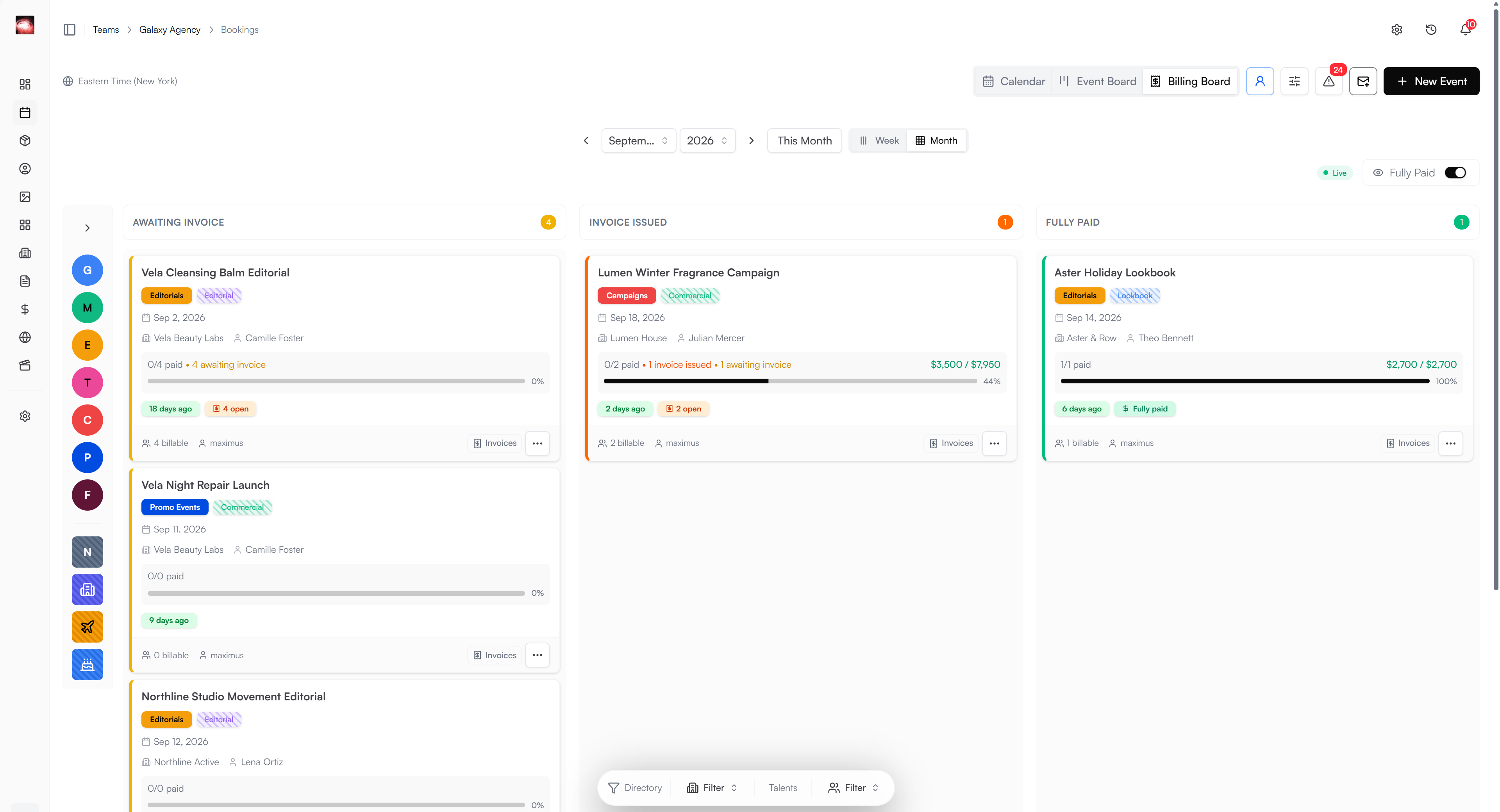 NowRep Billing Board grouping bookings into Awaiting Invoice, Invoice Issued, and Fully Paid columns