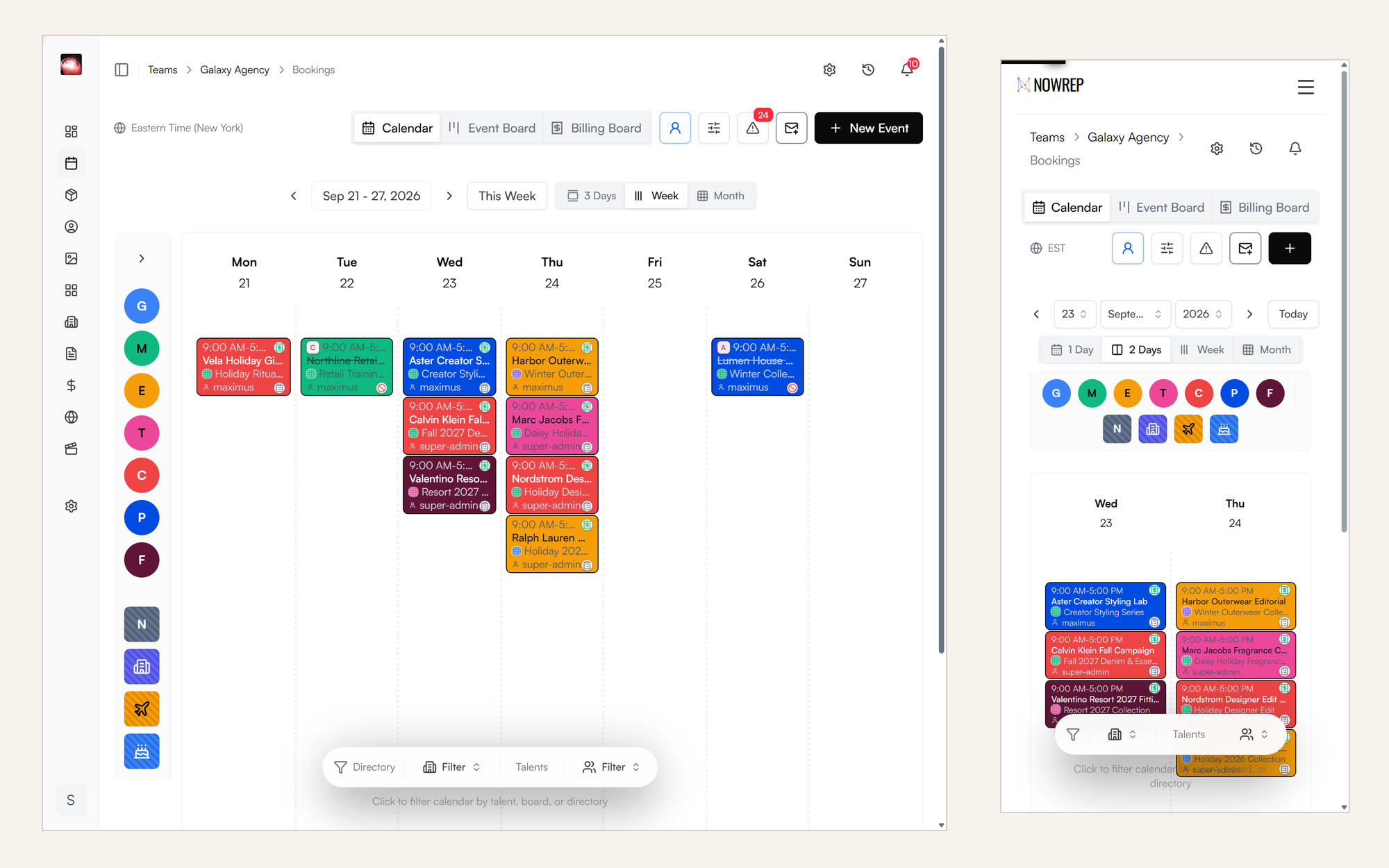NowRep calendar on tablet in Week view for September 21–27, 2026, and on phone in 2 Days view for September 23–24