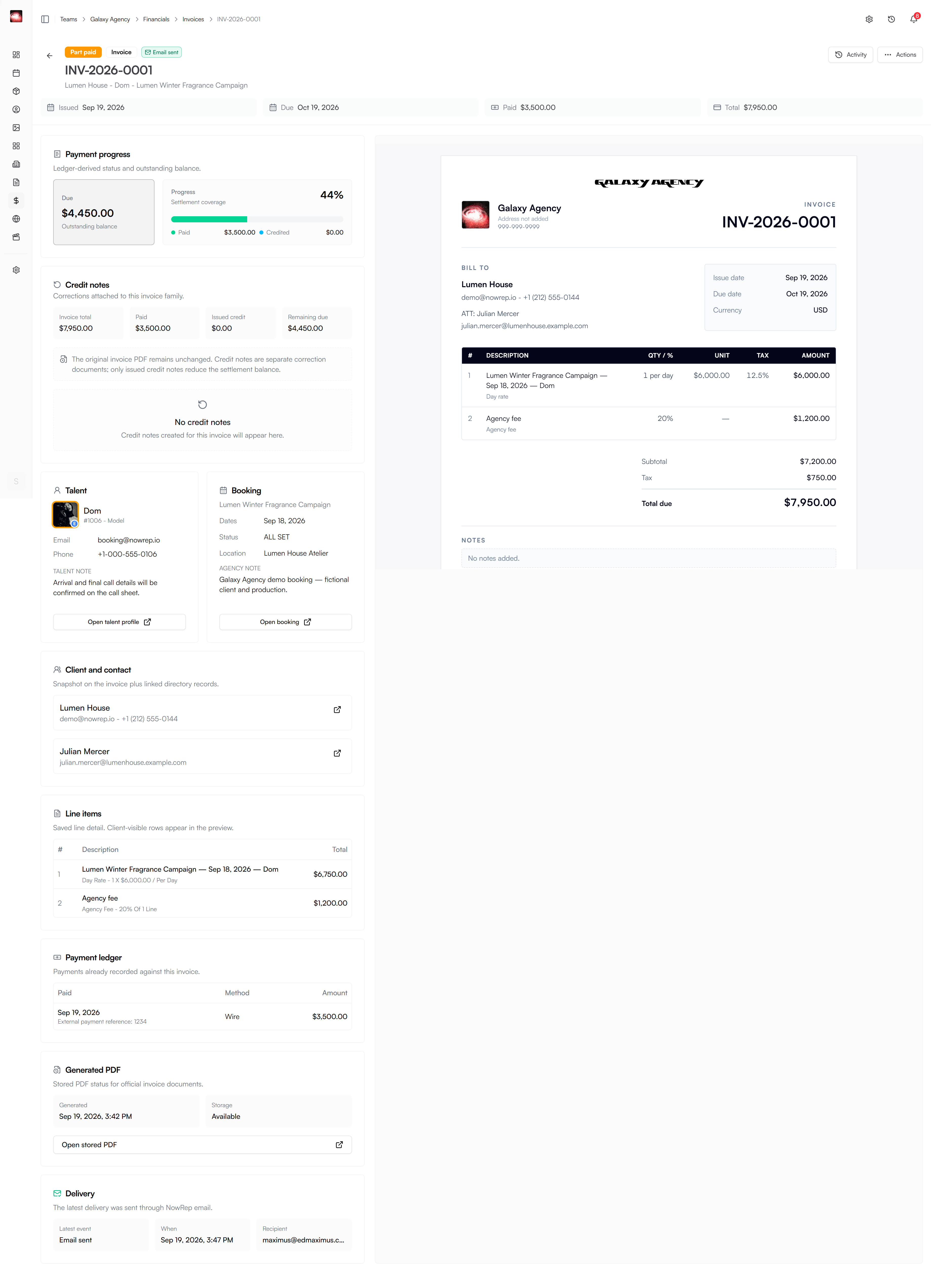 NowRep invoice view showing payment progress, credit notes, linked talent and booking, and invoice preview