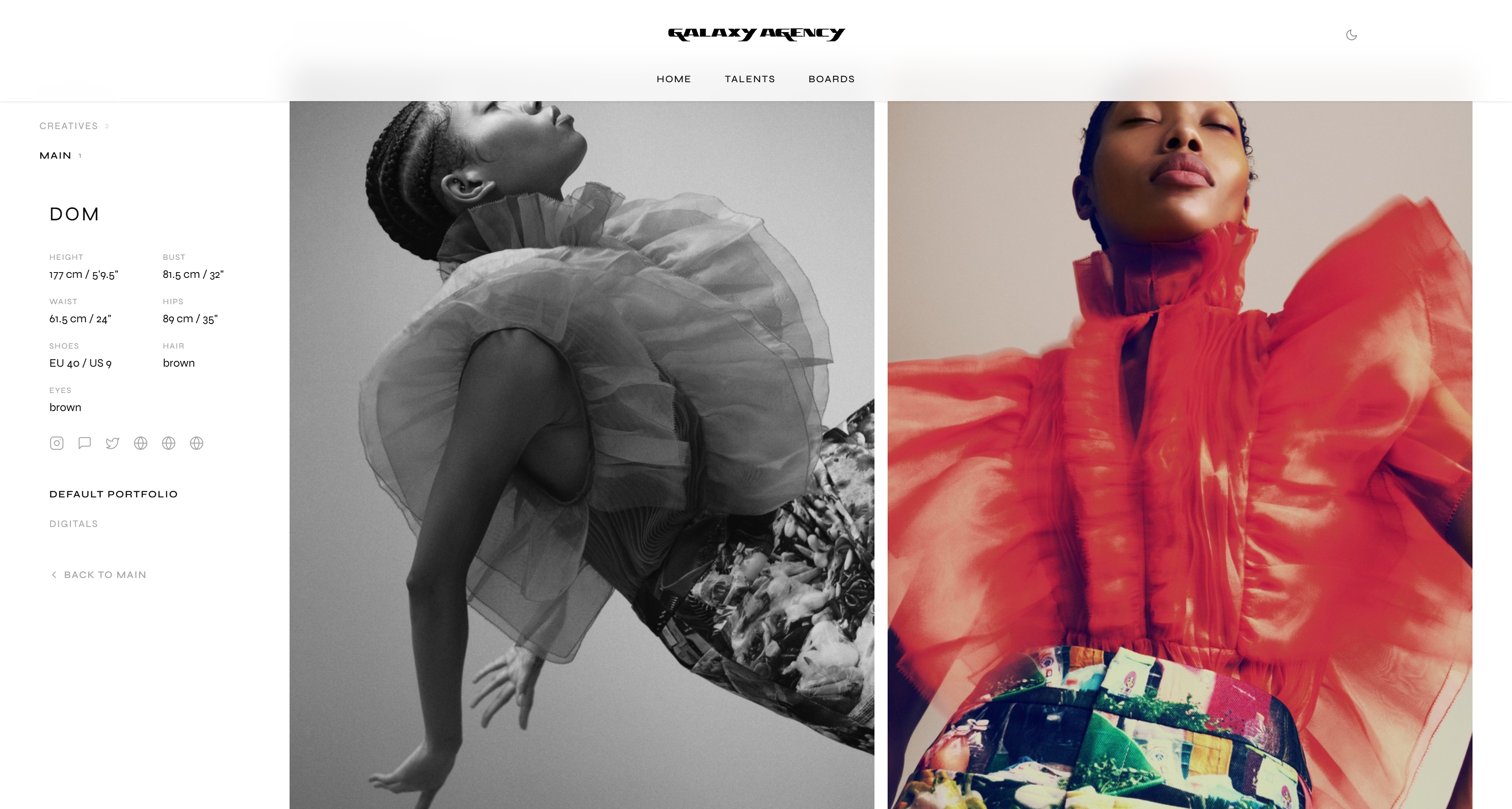 Galaxy Agency public talent site displaying Dom and her editorial portfolio
