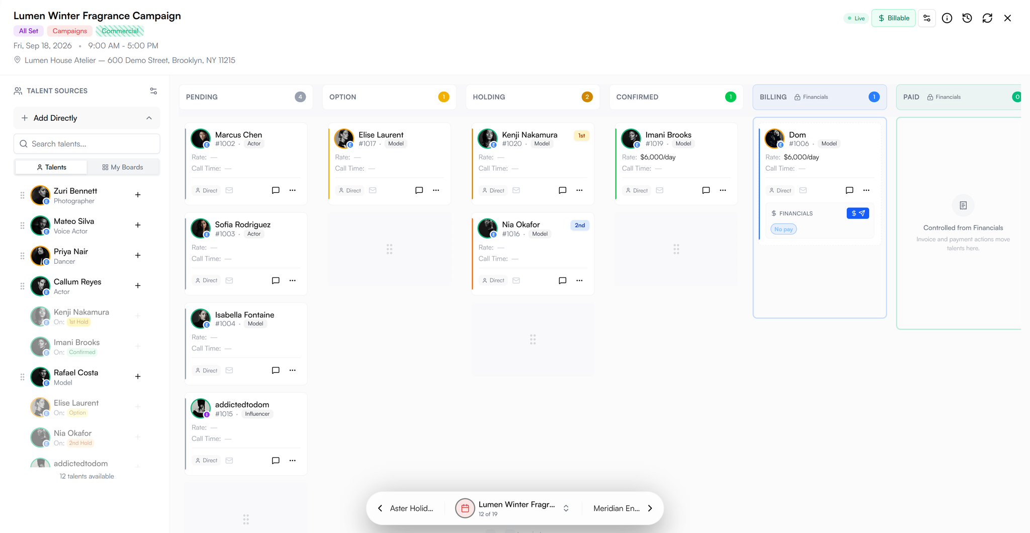 Booking Board showing talent status, availability, and billing context