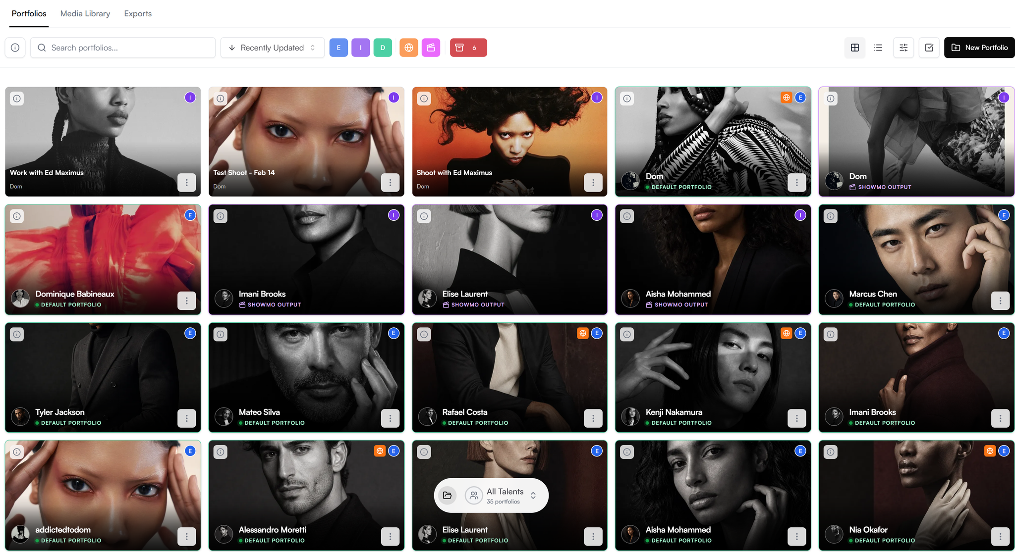 Portfolio Library showing talent portfolios, covers, and visibility labels