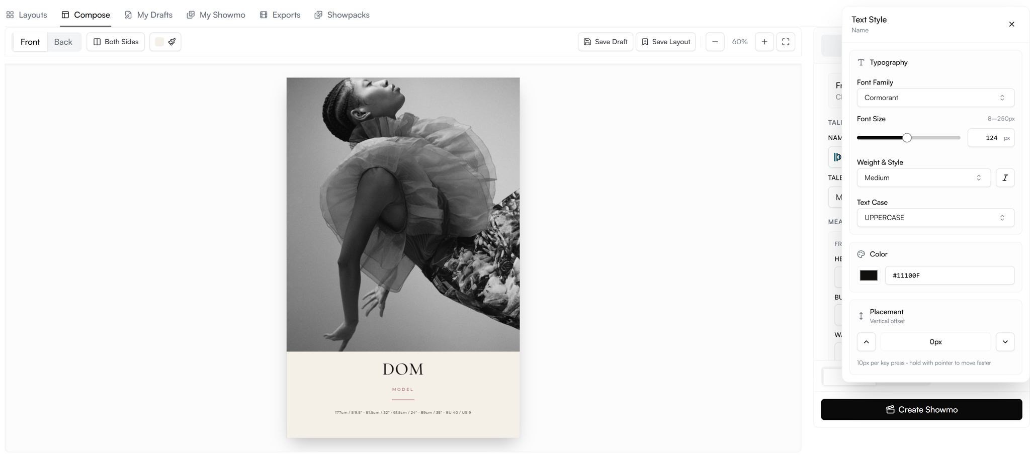 Showmo showcard generator with live preview and styling controls