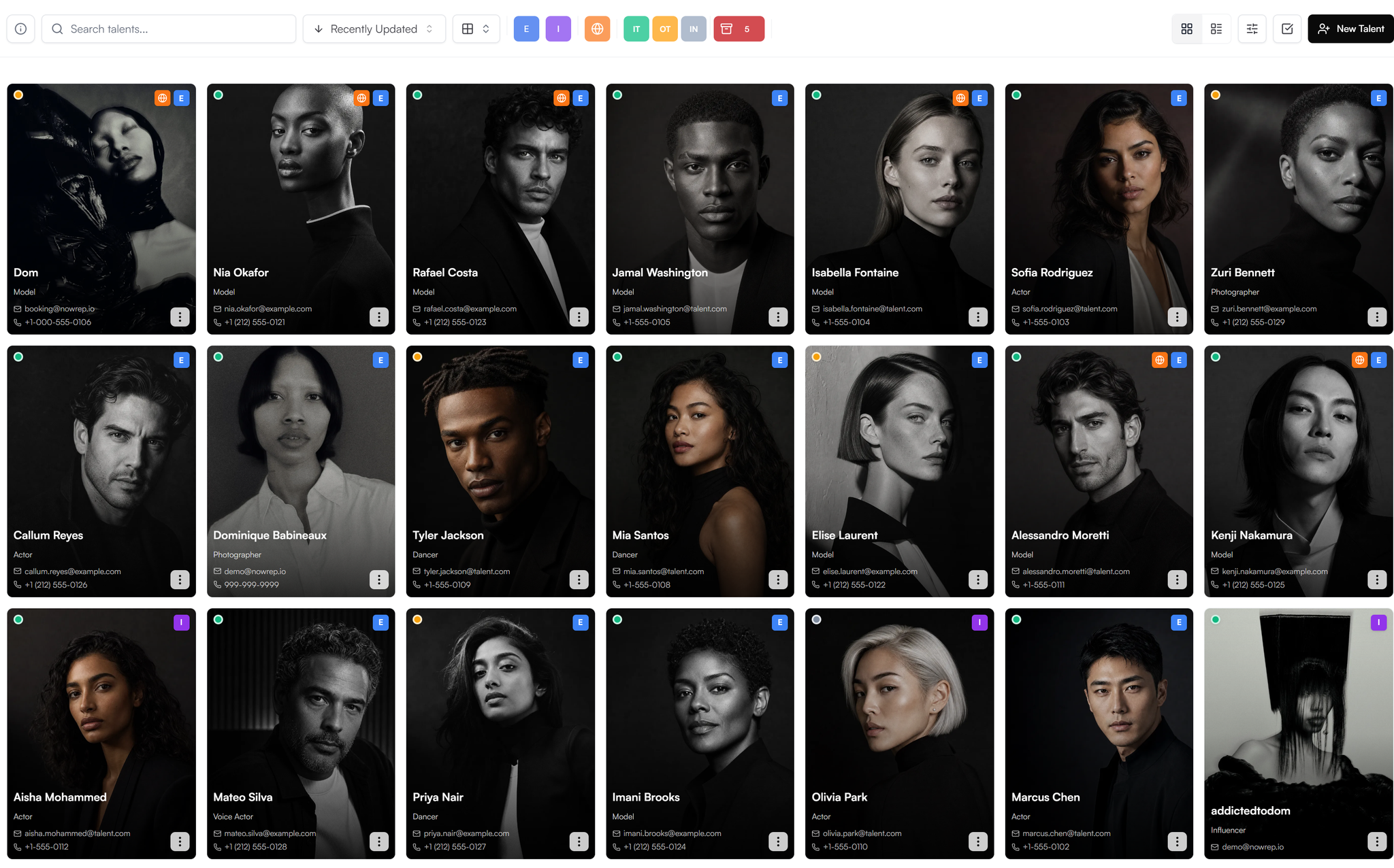 Talent Module with searchable cards and visibility status